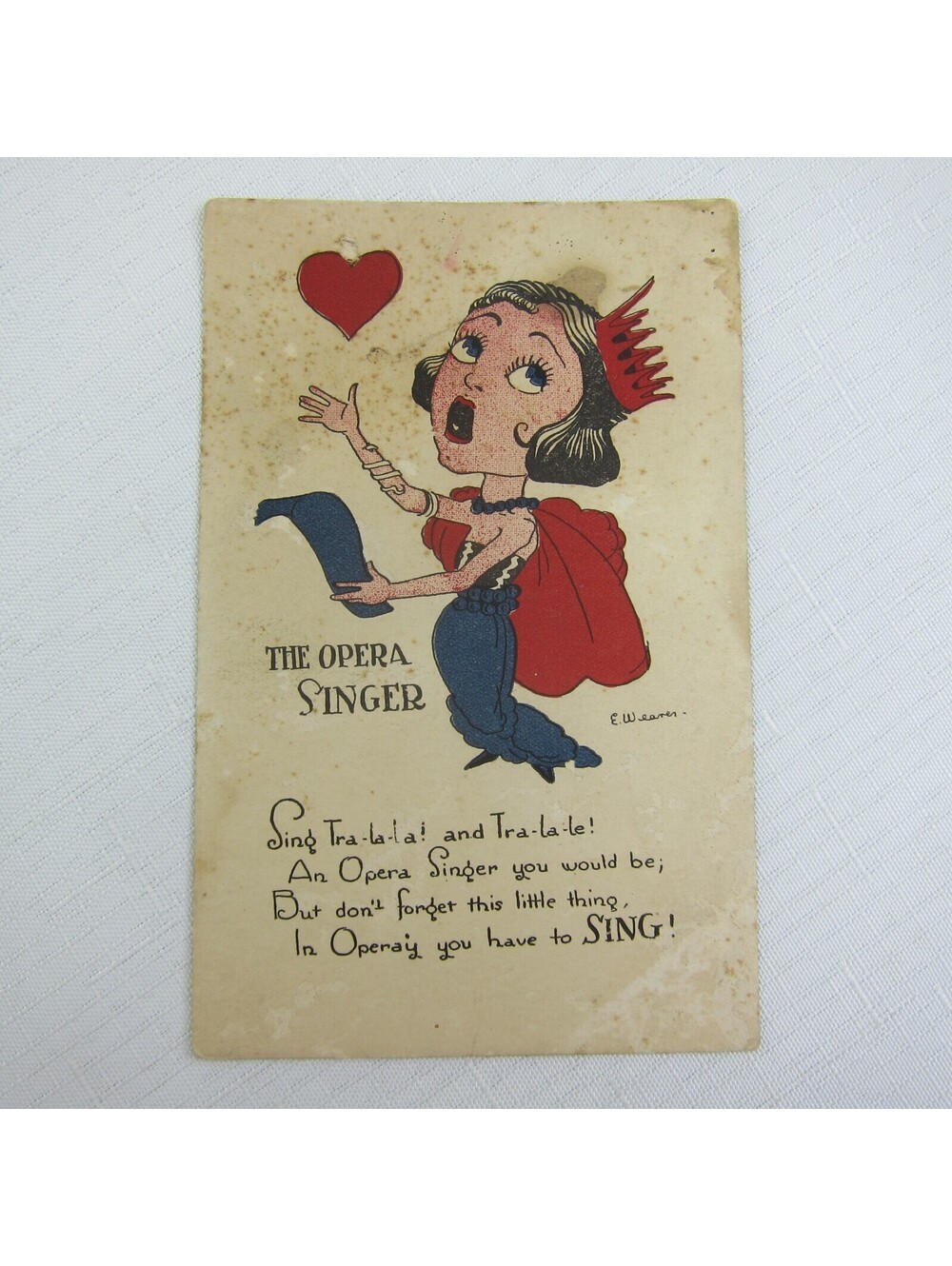 Postcard Valentine Humorous Opera Singer Woman Comic Cartoon Antique 1920s